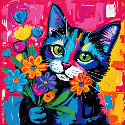 cat and flowers. Generative AI