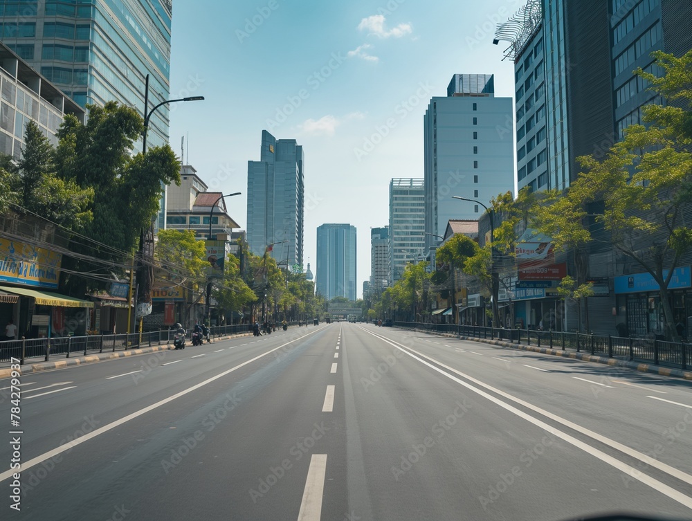 Empty urban street lined with modern buildings under a clear blue sky, showcasing a tranquil cityscape. Empty urban street lined with modern buildings under a clear blue sky, showcasing a tranquil cityscape.