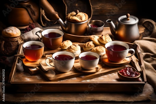  A steaming cup of coffee sitting on a rustic wooden table set