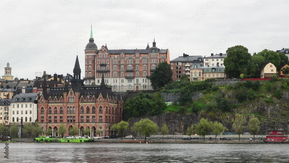 Famous landmarks of Sweden. Stockholm Panorama. Transport boat or ship runs between the islands on Lake Malaren. Stockholm sightseeing. Capital of Sweden. 4K. Famous landmarks of Sweden. Stockholm Panorama. Transport boat or ship runs between the islands on Lake Malaren. Stockholm sightseeing. Capital of Sweden. 4K.