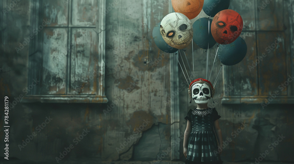 Spooky little girl with skull mask, balloons with haunting faces in the void, gothic charm - obrazy, fototapety, plakaty 