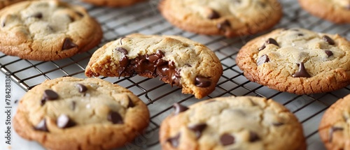 Chocolate chip cookies on a cooling rack, with one broken open to show gooey chocolate