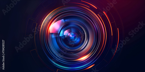 Stylised video camera lens with colourful neon light on dark background,digital camera, video recording, filming, cinematography, film production, video production,