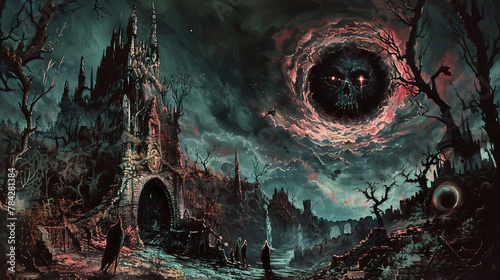 Twilight realm under a behemoth spectral observer, spinetingling eerie sensation, gothic illustration, 3d render, 8k