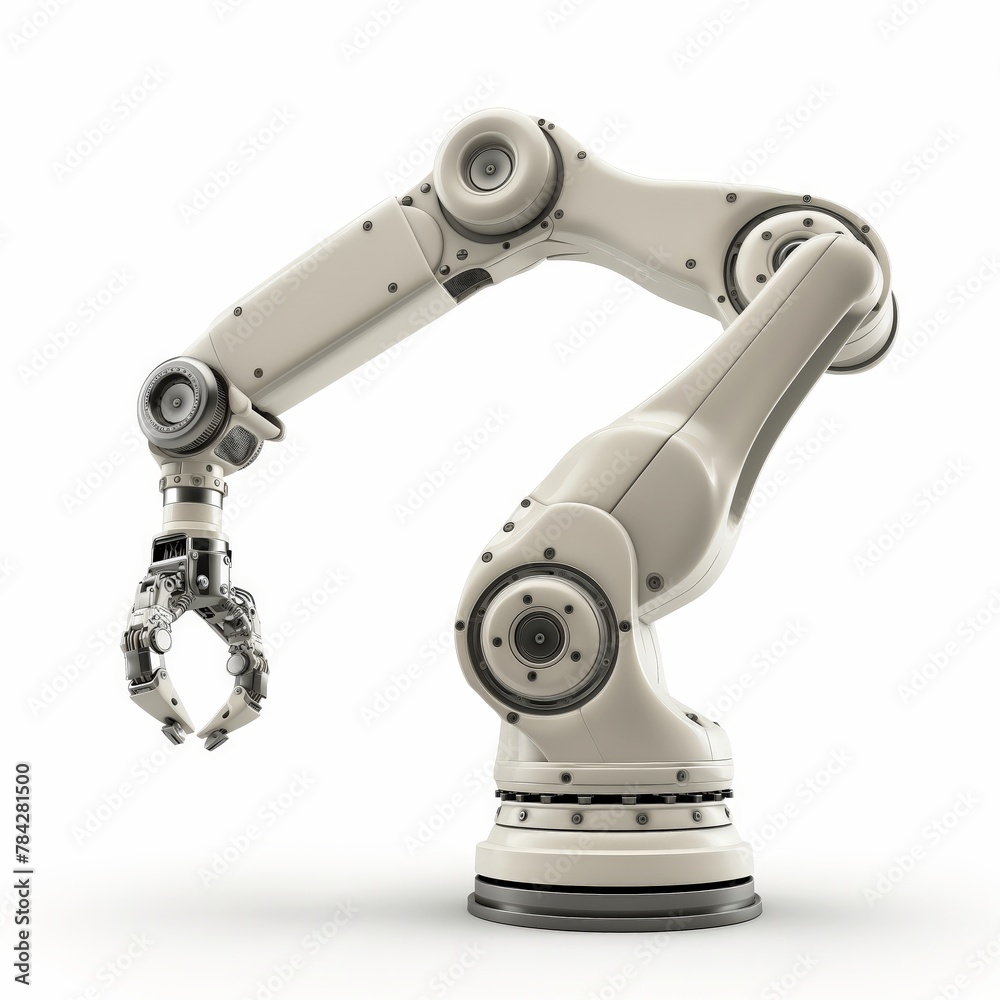 An industrial robot arm isolated on a white background, signifying automation and advanced manufacturing.
