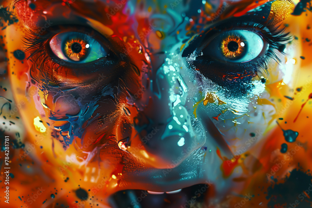 Hyperrealistic comic frenzy, face with vivid paint bursts, urban tale, 3d render