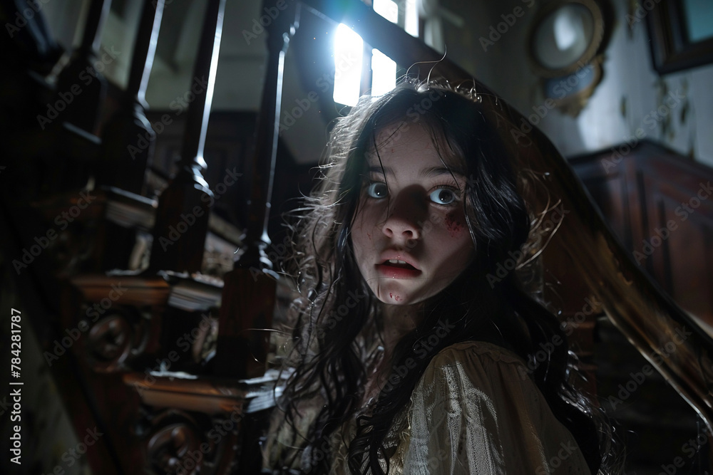 Lost in the abandoned mansion, a girls terrified face reflects the dim light as a menacing shadow looms behind her