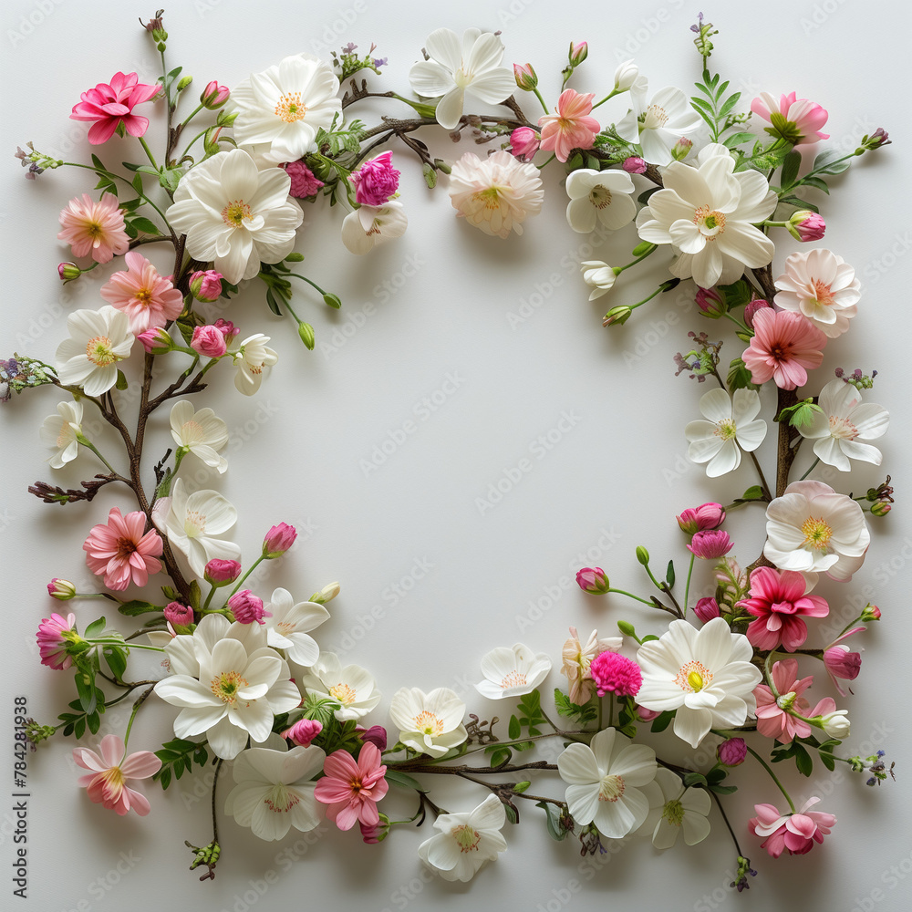 flowers circle frame, white and pink flowers, flower Wreath