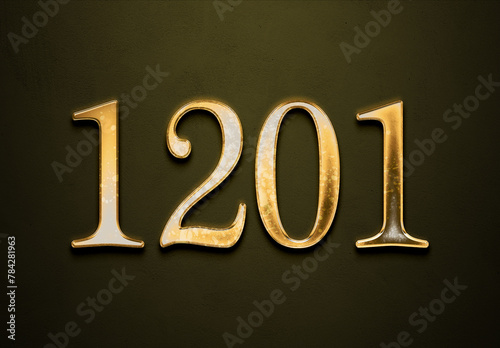 Old gold effect of 1201 number with 3D glossy style Mockup. 