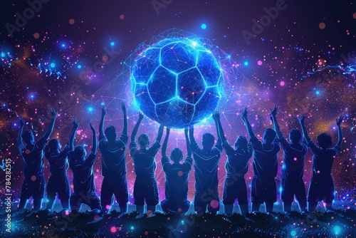 A Polygonal Football Championship Scene with a Starry Space Theme in Blue and Purple Hues