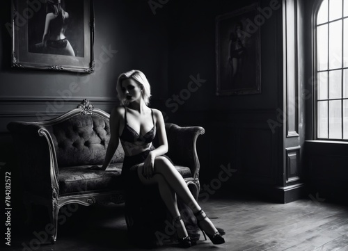 A punk and gritty boudoir photograph featuring a seductive, detailed woman wearing sexy lingerie in a dimly lit room. Boudoir