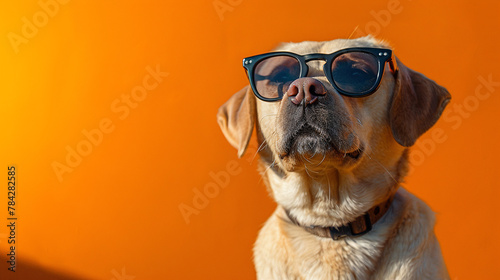Cool golden-colored dog with sunglasses on background of orange wall. 