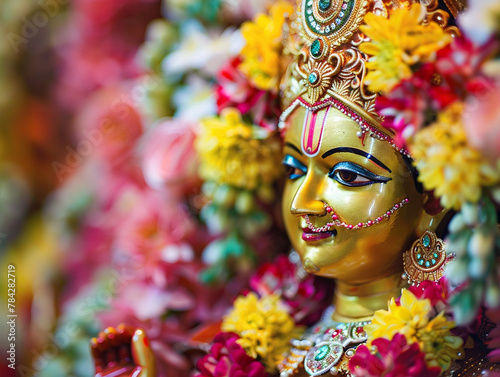 Vibrant Hindu deity statue adorned in intricate colors and patterns, closeup view with rich details. © Lotti