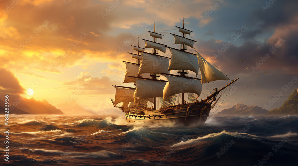 18th century sailing ship in ocean with waves and sky. Adventure and travel