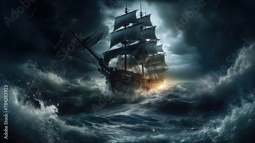 18th century sailing ship in stormy ocean with waves and stormy sky