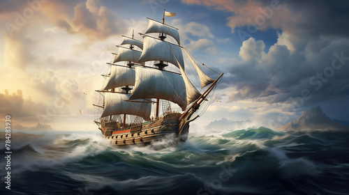 18th century sailing ship in ocean with waves and sky. Adventure and travel