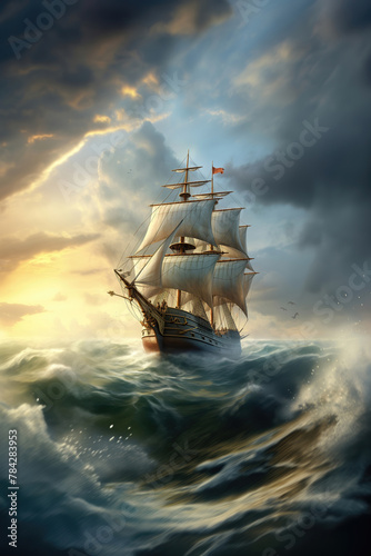 18th century sailing ship in ocean with waves and sky. Adventure and travel