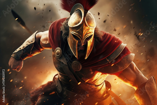 Spartan Greek warrior in helmet and armor with shield in aggressive attack in battle
