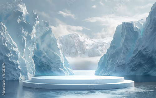 iceberg crystal podium stage over frozen water with snow mountain background