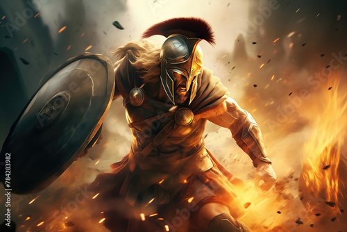 Spartan Greek warrior in helmet and armor with shield in aggressive attack in battle