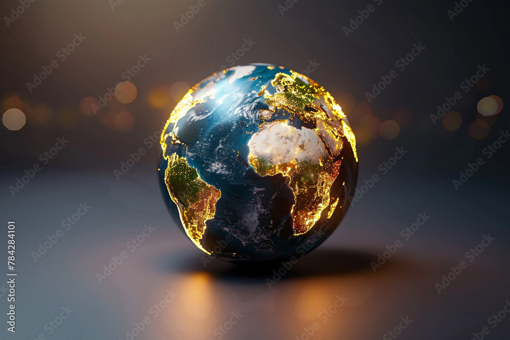 A golden globe, continents etched on its surface, hangs suspended against a stark black background