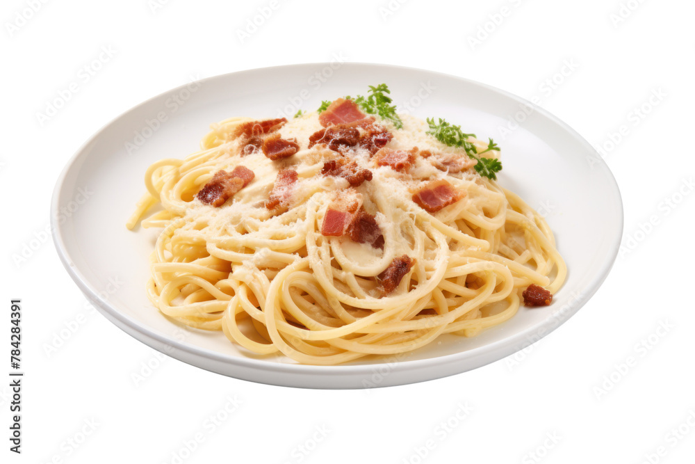  Pasta Carbonara, pasta, cream cheese, bacon, sprinkled with Parmesan cheese on a white plate. Isolated on a transparent background.