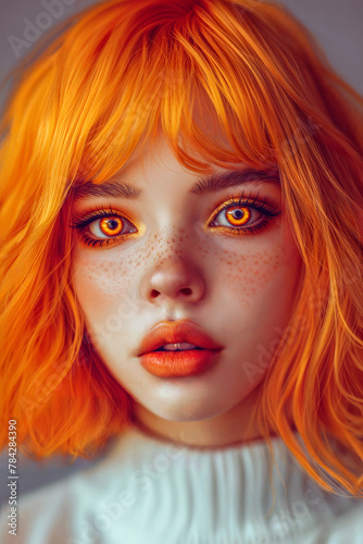 bright orange colored hair woman portrait, red hair girl with freckles 