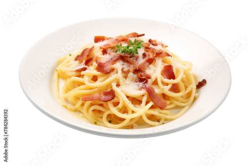  Pasta Carbonara, pasta, cream cheese, bacon, sprinkled with Parmesan cheese on a white plate. Isolated on a transparent background.