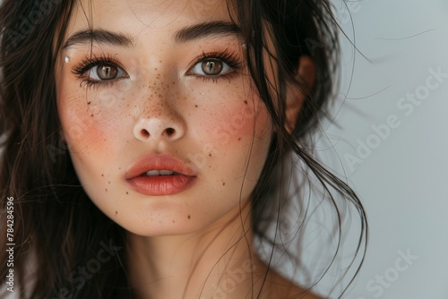 Close up of woman with freckles on face photo