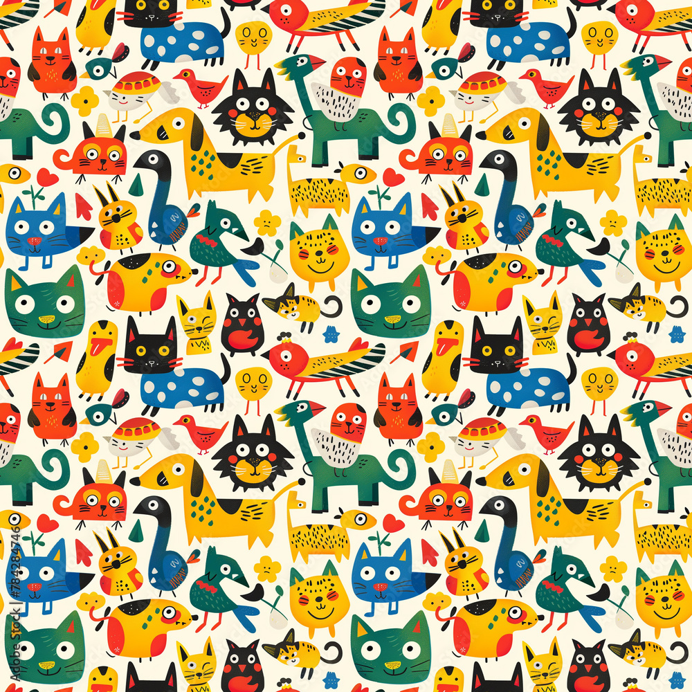 Colorful quirky cat cartoon pattern Colorful quirky cat cartoon pattern