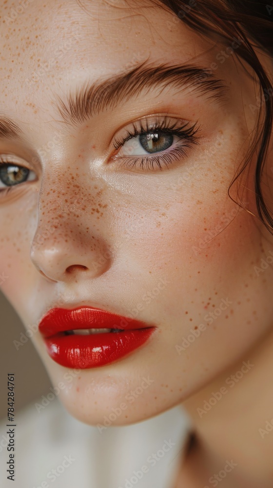 Woman with freckled hair and red lipstick