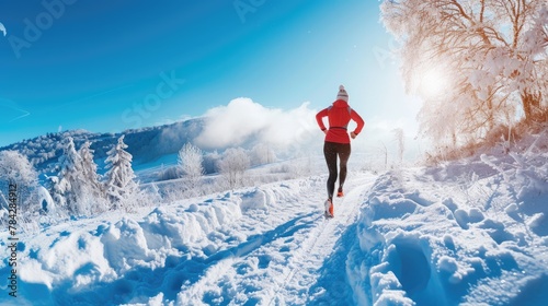 An athlete braves the winter chill, running through a snow-covered trail with a serene, frosty landscape in the background. AIG41