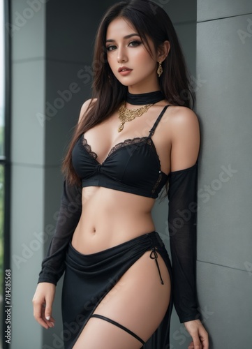asian belly dance woman  in a black bikini and gold jewelry posing for a picture  © Portrait sensual
