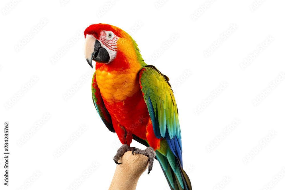 Single multi-colored parrot Perched on a wooden perch, Isolated on transparent background.
