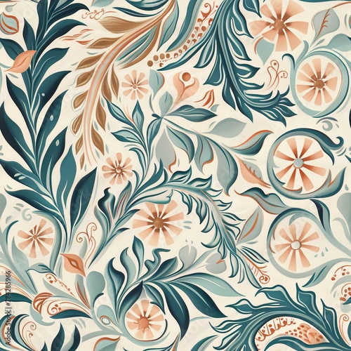 Vintage Floral Pattern  Cream and Teal  Elegant Botanical Wallpaper