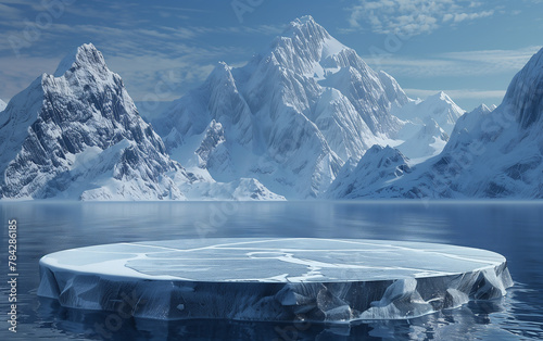 iceberg crystal podium stage over frozen water with snow mountain background © Harry