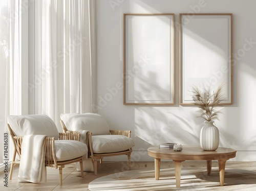 modern living room with three blank picture frames on the wall, mockups