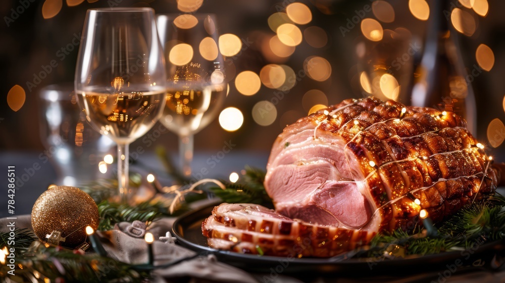 Holiday meal with ham and toasting glasses, capturing the spirit of celebration or Christmas dinners.
