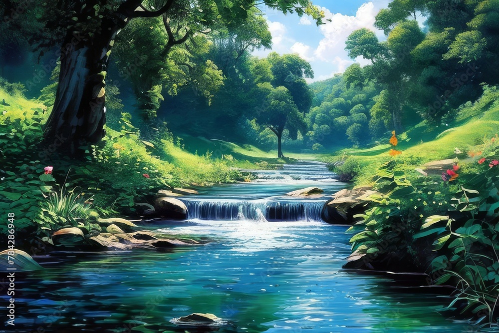 Naklejka premium peaceful river flowing through a lush tropical forest