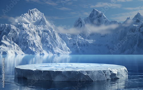 iceberg crystal podium stage over frozen water with snow mountain background