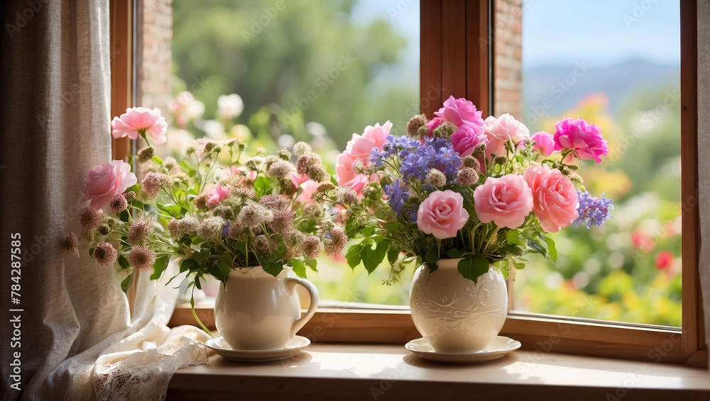 Two vases of flowers sit on a window sill.

