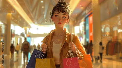 Detailed realistic digital artwork of a casual-clad, unrecognizable woman holding multiple shopping bags in a spacious mall with soft lighting. photo