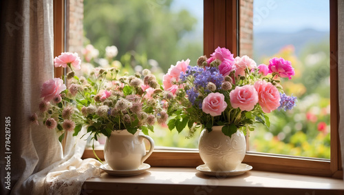 Two vases of flowers sit on a window sill.  