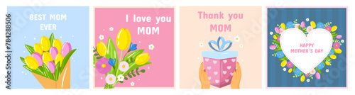 Vector happy mother's day flower greeting card template set. Spring holiday posters, box gift with tulips flowers on pink background. Square backdrop invitation, flyer, brochure for event.