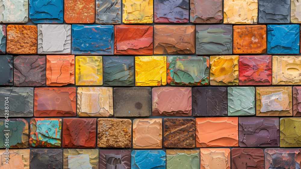 A wall made of colorful bricks. The bricks are of different colors and sizes. wallpaper An artistic display of colorful bricks arranged in a rectangular pattern, brickwork as a building material