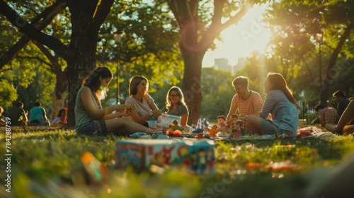 Fototapeta Naklejka Na Ścianę i Meble -  Relaxed outdoor gathering with people picnicking in the golden hour sunlight.