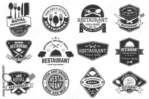 Set of Restaurant logo. Vector Illustration. Vintage graphic design for logotype, label, badge with plate, steak, cloche with lid, fork and knife. Cooking, cuisine logo for menu restaurant or cafe.