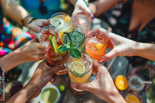 Group of hands holding different drinks, cheering in a happy moment at a lively party photo