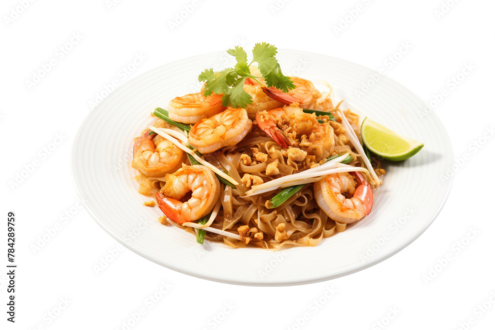 Pad Thai with rice noodles, fresh shrimp, bean sprouts and tofu on a white plate. Fresh and appetizing, isolated on transparent background.