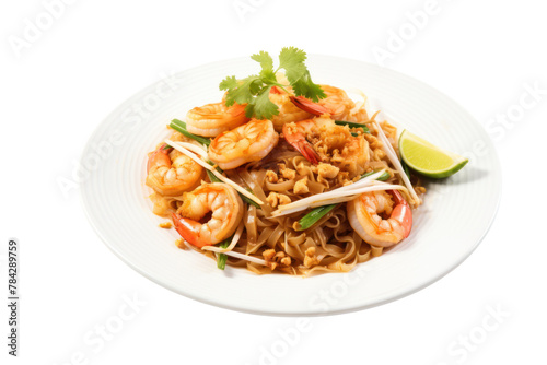 Pad Thai with rice noodles, fresh shrimp, bean sprouts and tofu on a white plate. Fresh and appetizing, isolated on transparent background.